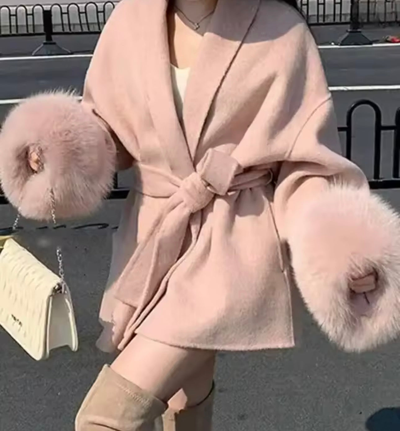 UCXQ Elegant OL Office Lady Overcoats Fur Patchwork Long Sleeve Woolen Coat Beautiful Women's Clothing Jacket Autumn 2025 Winter