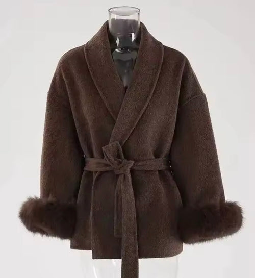 UCXQ Elegant OL Office Lady Overcoats Fur Patchwork Long Sleeve Woolen Coat Beautiful Women's Clothing Jacket Autumn 2025 Winter