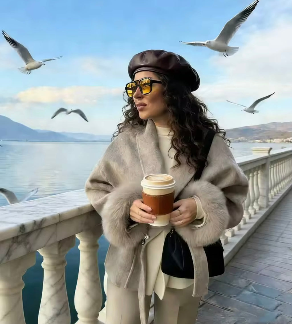 UCXQ Elegant OL Office Lady Overcoats Fur Patchwork Long Sleeve Woolen Coat Beautiful Women's Clothing Jacket Autumn 2025 Winter